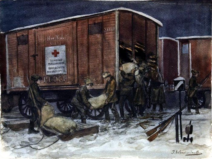 Иван Владимиров «Ночное разграбление вагона с помощью от Красного креста», 1918 год