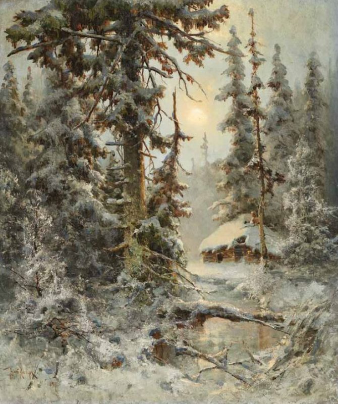 Юлий Клевер «После снегопада (Зимний вечер в лесу)», 1897 год